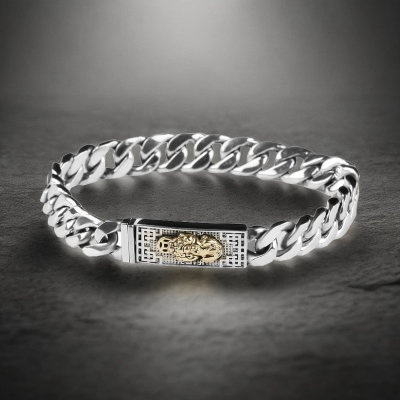 925银手链 纯银925貔貅古巴手链重工复古个性时尚霸气男士手链
