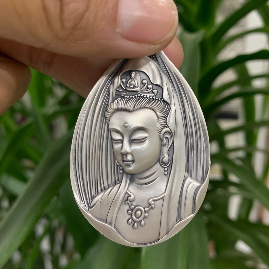 吊坠足银 足银999观音吊坠实心复古做旧一叶菩提纯银吊坠百搭时尚