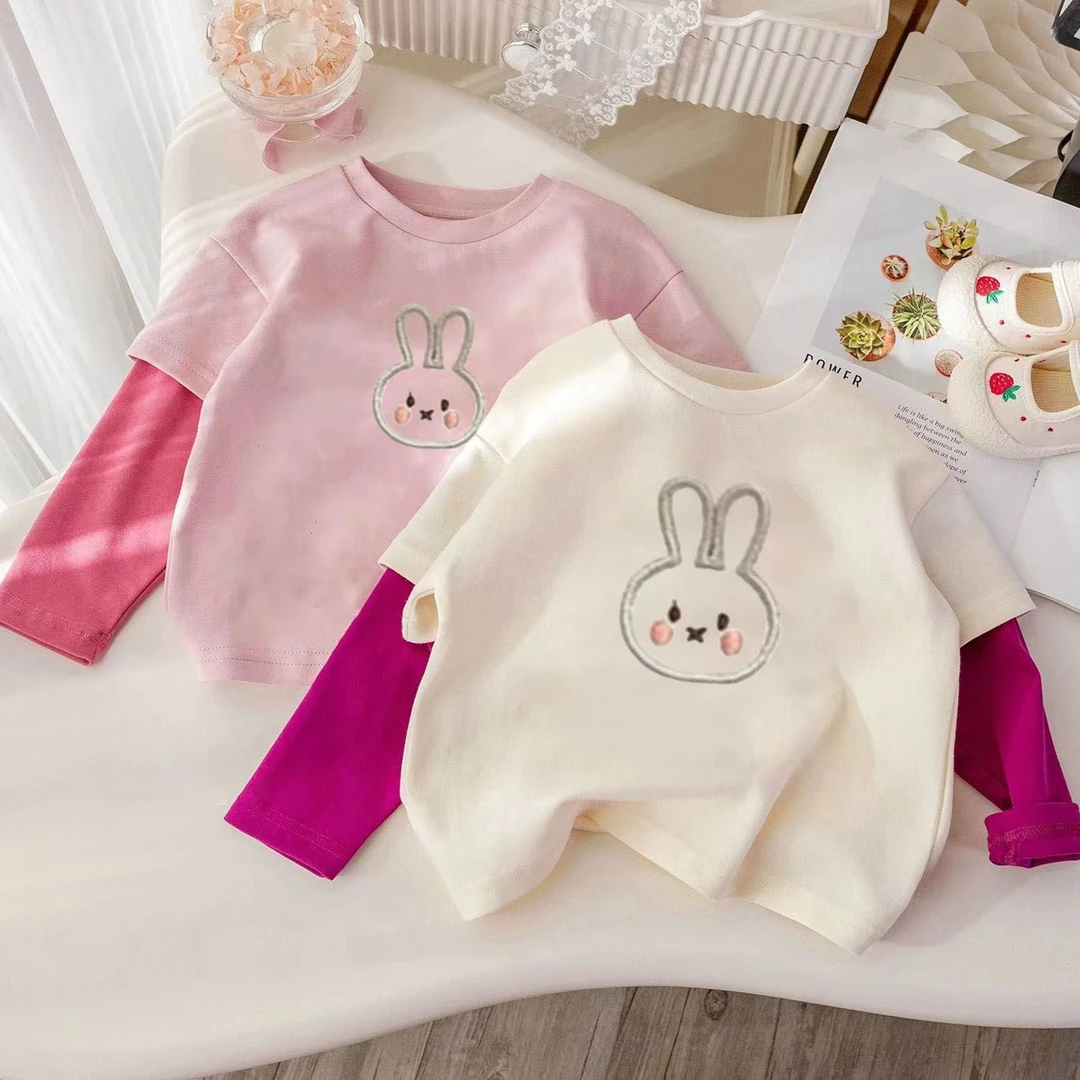 纯棉女童假两件长袖T恤春秋新款卡通拼色打底衫时尚秋装儿童上衣