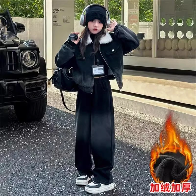 女童时髦加绒牛仔套装秋冬2024新款洋气儿童加厚冬装中大童两件套