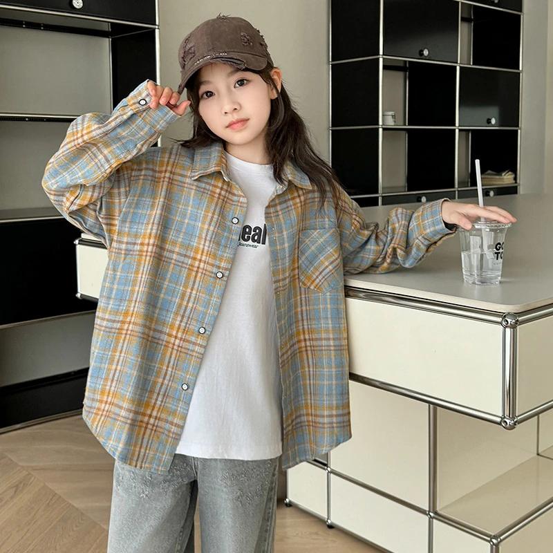 女童衬衫秋款新款秋装中大儿童格子女孩长袖洋气初中生春秋季上衣