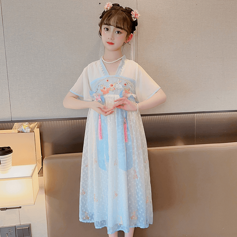 女童夏季短袖连衣裙2024新款女大童复古中国风汉服裙儿童夏天裙子