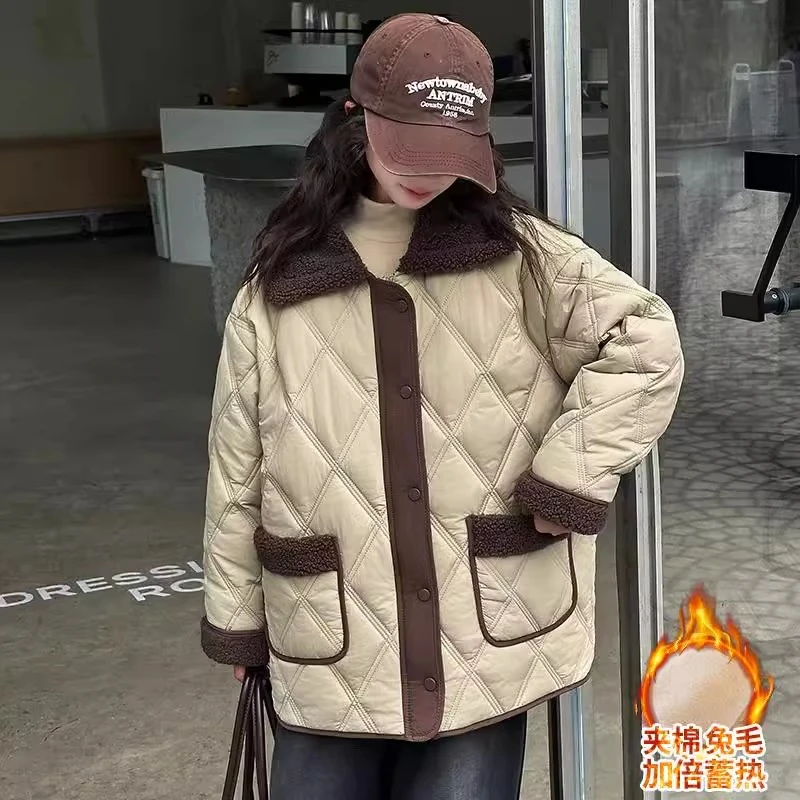 女童冬季夹棉加绒外套中大童绗线韩版翻领棉服加厚洋气保暖冬装