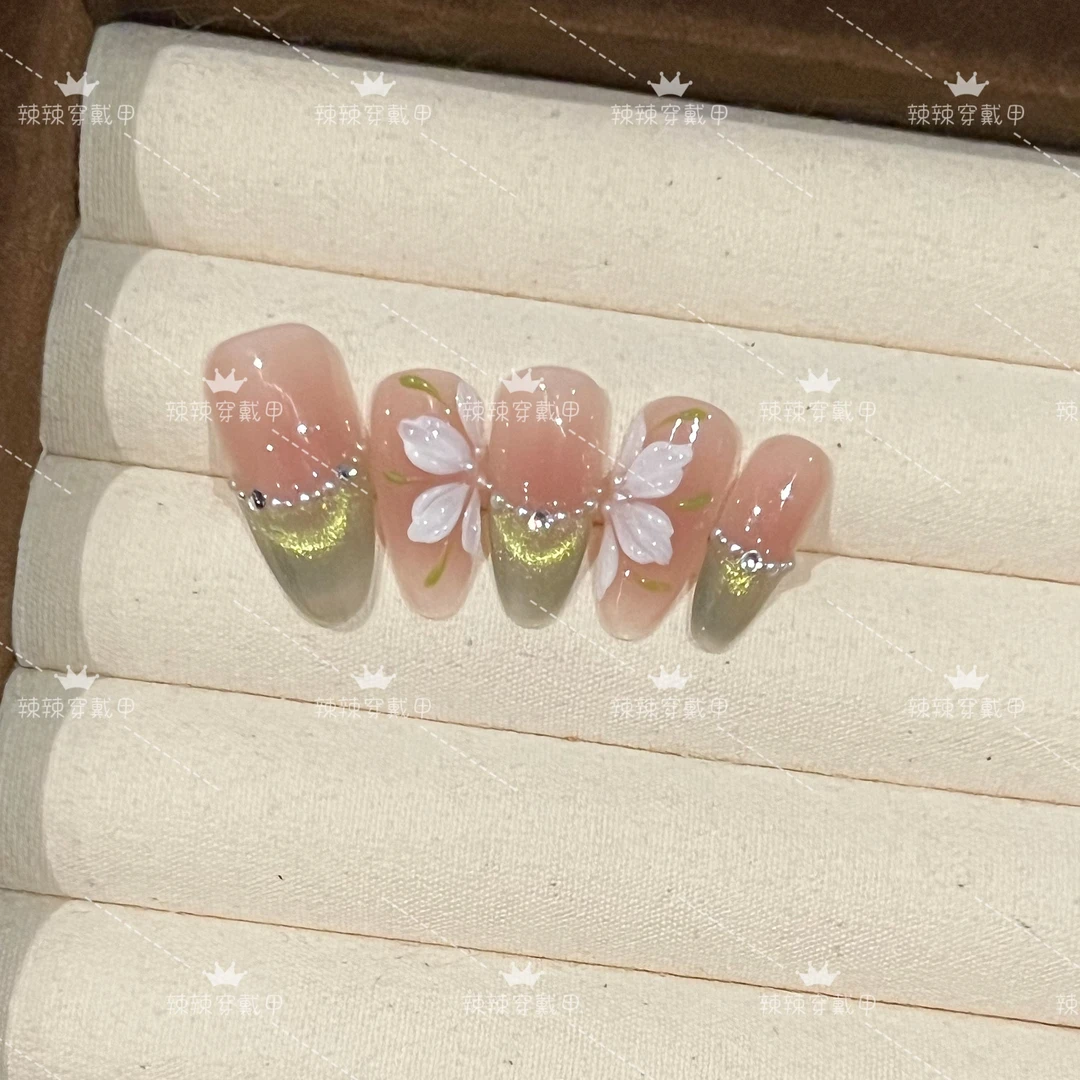花好月圆 手工穿戴甲青提猫眼立体手绘五瓣花显白百搭可拆卸穿戴