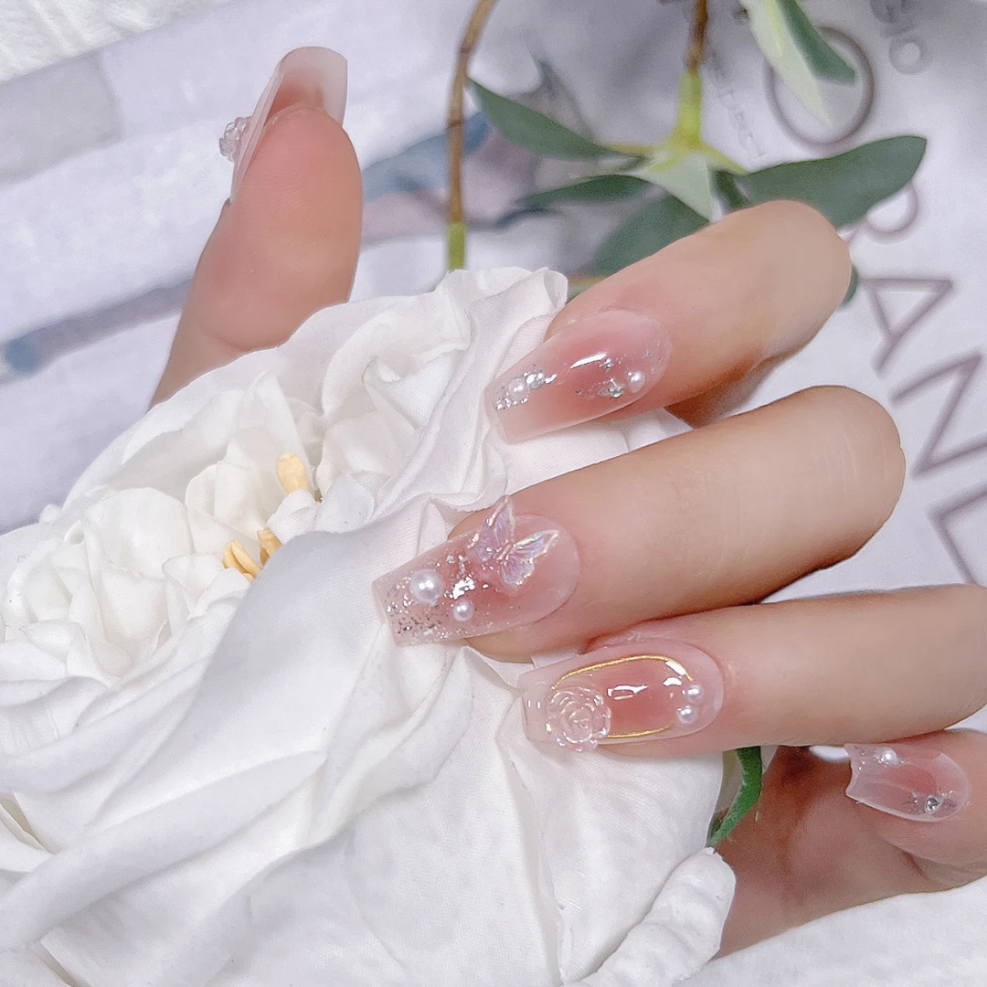 纯手工定制【化蝶】穿戴甲冰透极光钻裸色穿戴式美甲-A012