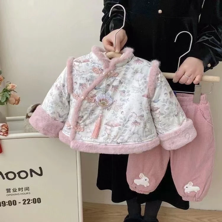 女童汉服套装2023冬季宝宝周岁儿童加绒加厚中国风拜年年服两件套