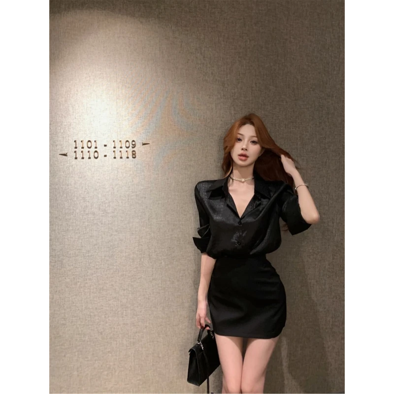 初秋女装新款法式高级感气质黑色衬衫高腰显瘦包臀半身裙时尚套装