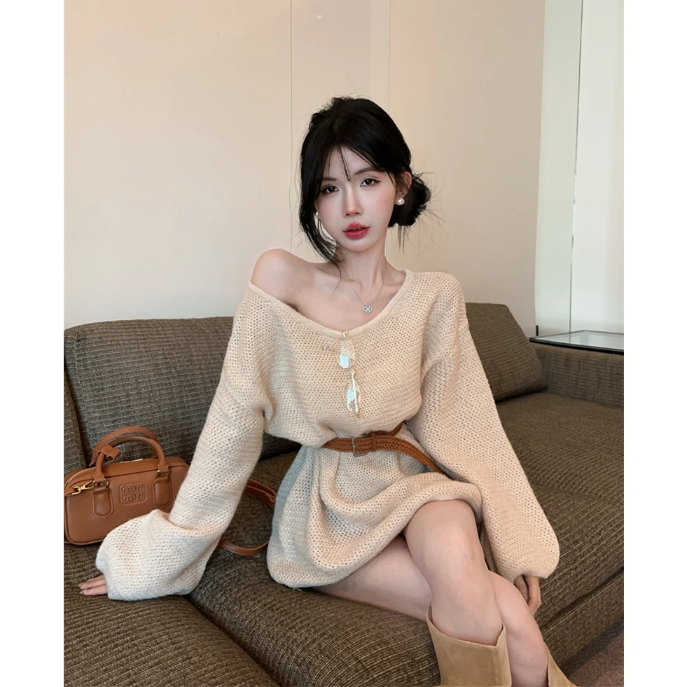 温柔系小个子露肩针织长款上衣配腰带女秋季慵懒宽松显瘦长袖毛衣