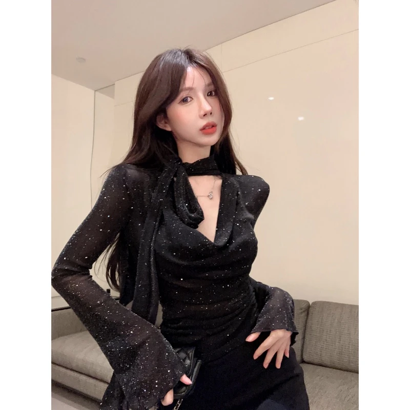 盐系穿搭微透时尚v字荡领上衣打底小众设计感小个子女装法式气质