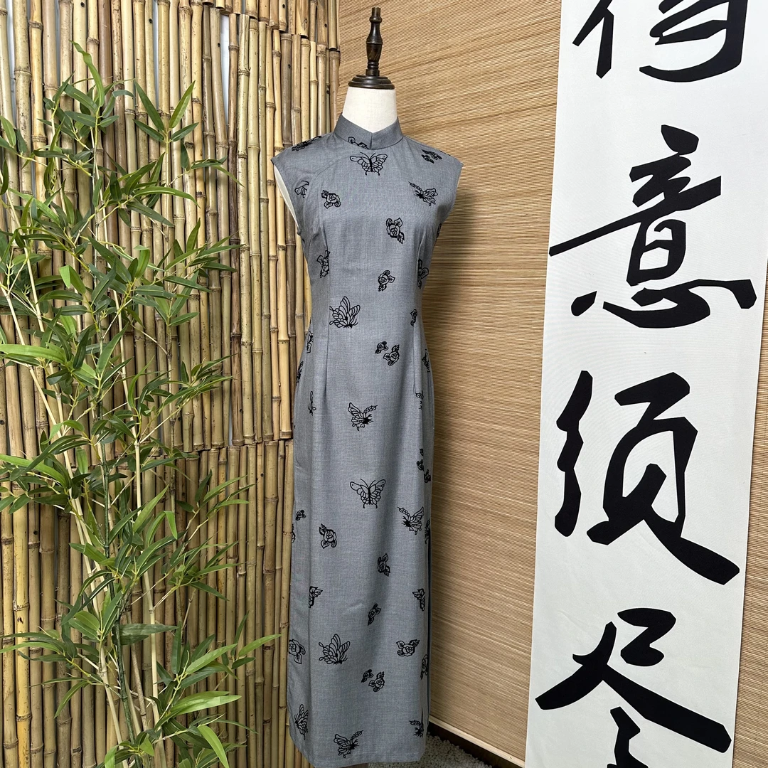 【玉腰奴】2024早秋单层背后拉链无袖气质植绒复古日常旗袍长约125