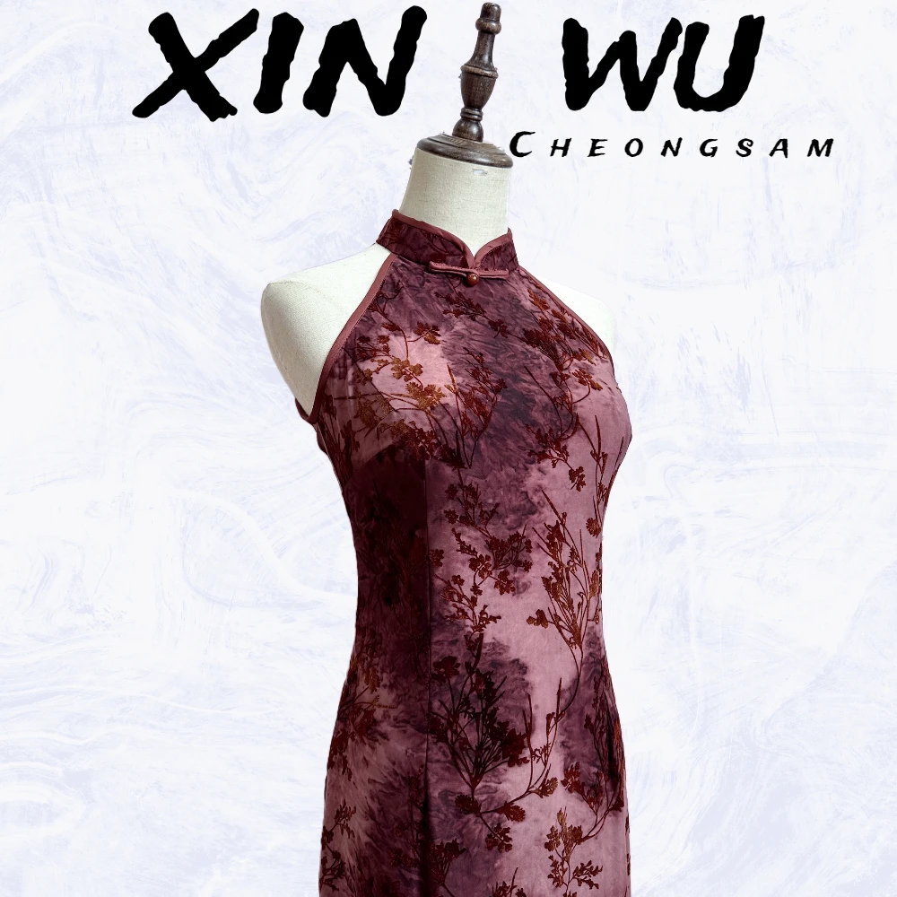 【柳沐】 2023春夏单层削肩修身背后拉链复古丝绒提花旗袍长约115