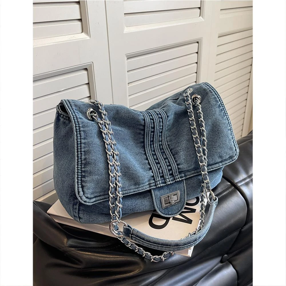牛仔布包包女2025新款时尚大容量链条单肩包高级感通勤托特流浪包