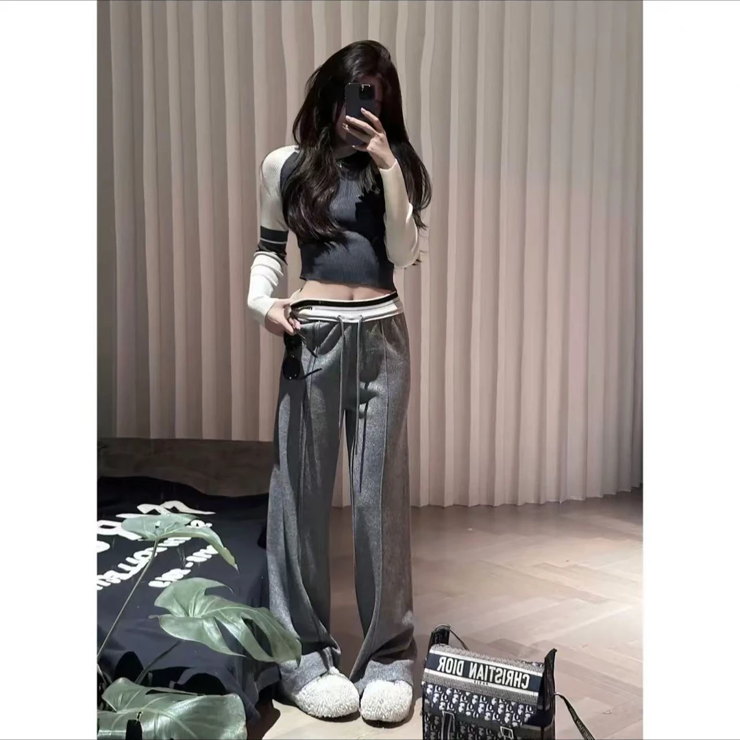 韩版灰色卫裤加绒加厚女2024春秋宽松休闲裤高腰百搭显瘦拖地长裤