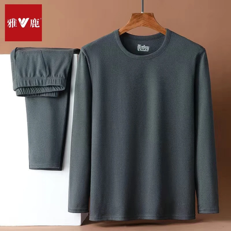 V雅鹿冬季男士德绒发热保暖内衣套装半高领防寒打底秋衣秋裤中老