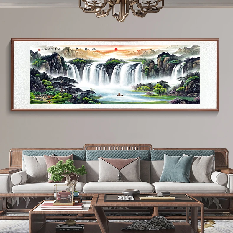 带框装裱 艺术微喷 瀑布《旭日东升 》1 中式国画装饰画山水花鸟画