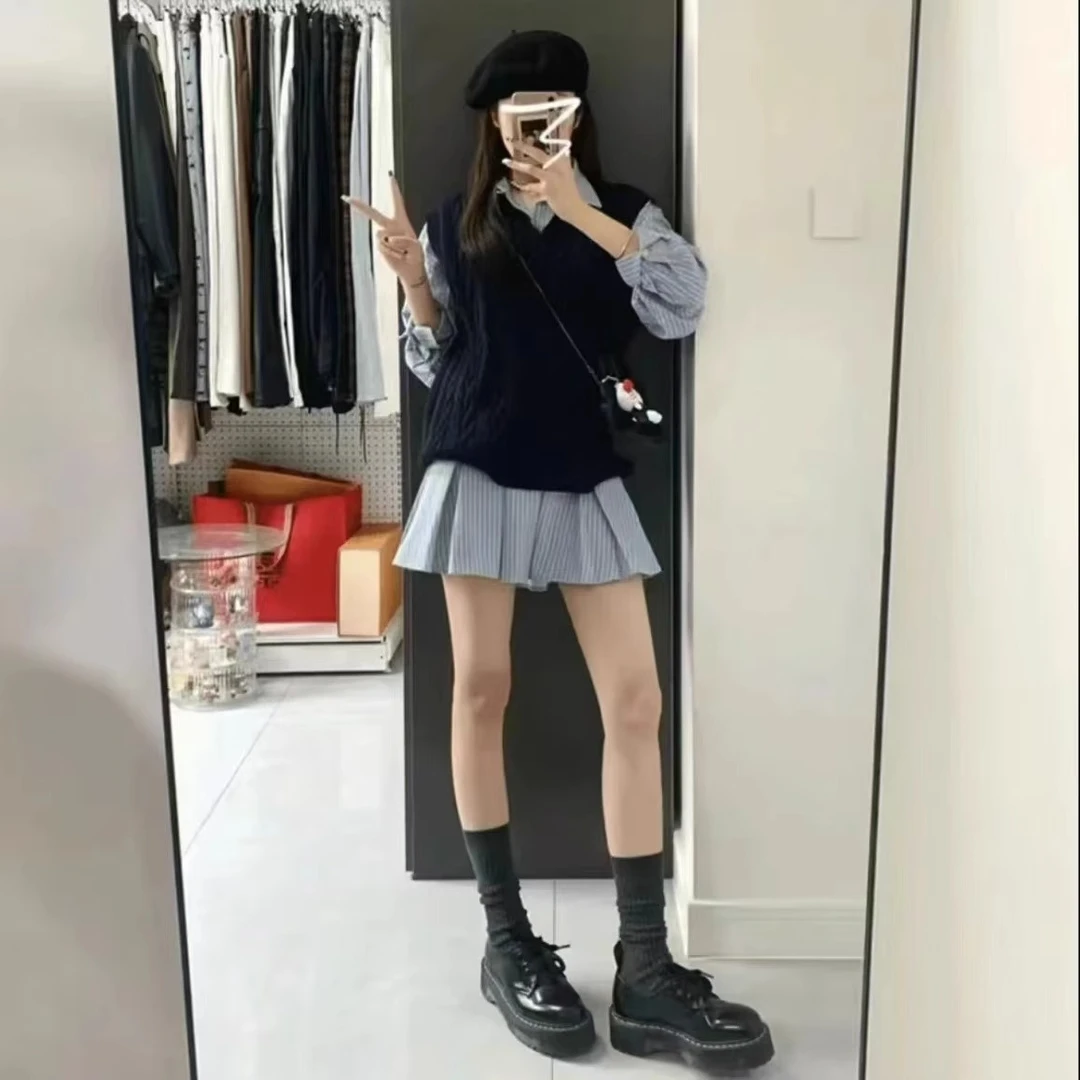 美式复古学院风套装背心马甲叠穿条纹衬衫连衣裙女早秋穿搭两件套