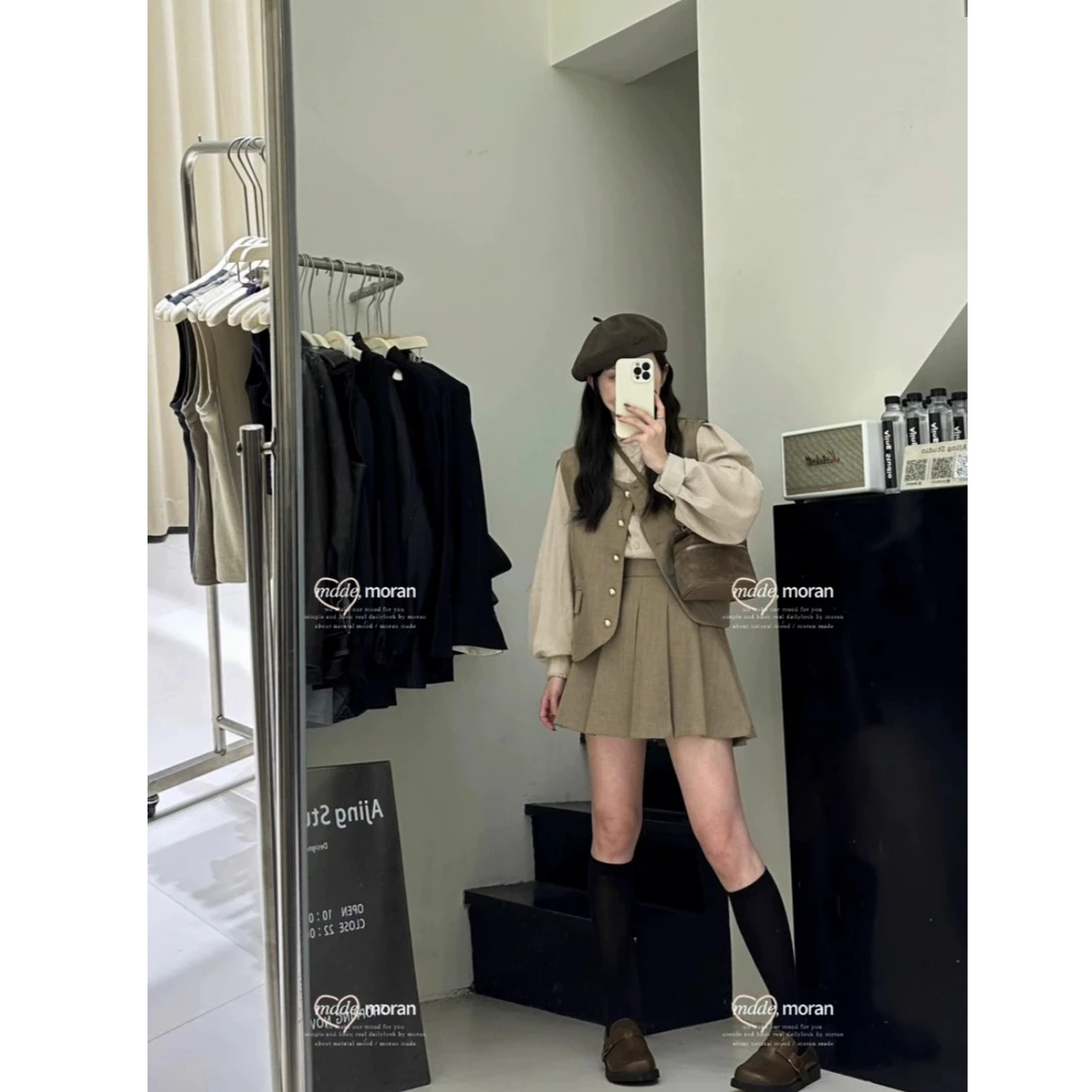 富家千金小个子穿搭一整套小香风马甲衬衫叠穿韩剧套装女T-013