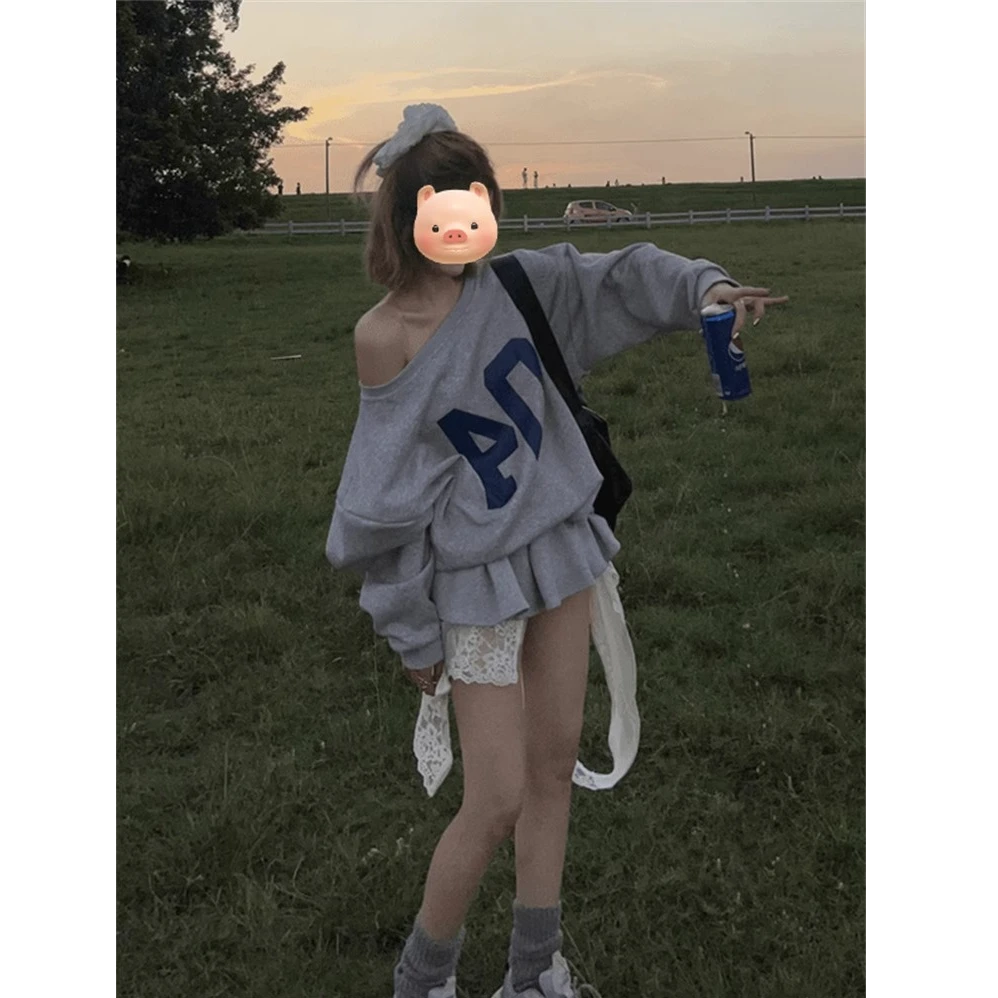 美式慵懒风长袖斜肩一字肩卫衣女春秋季2024新款宽松oversize上衣