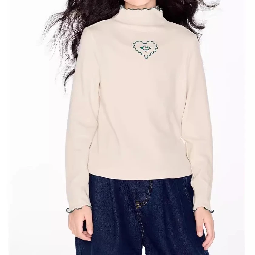 女童中大童爱心印花磨毛打底衫冬季新款儿童半高领针织软糯上衣