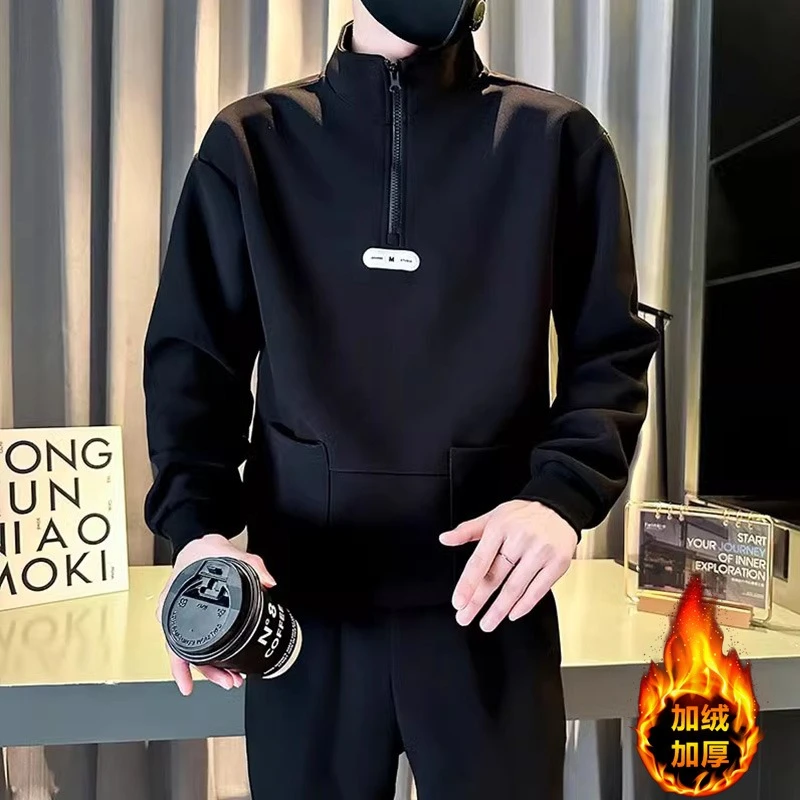秋冬季新款加绒保暖半拉链修身卫衣男士T恤痞帅长袖体恤潮牌男装