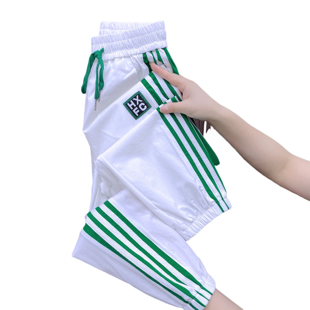 603夏款休闲速干透气薄款韩版显瘦束脚侧边绿条纹时尚潮流直筒裤