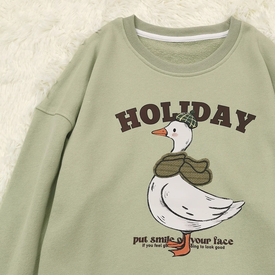 秋季圆领休闲印花绿色宽松纯棉卡通韩版时尚百搭长袖鸭子卫衣