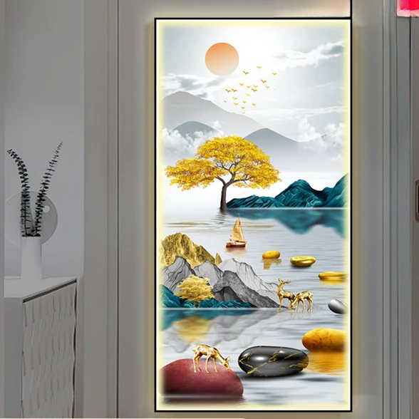 现代轻奢玄关装饰高端新中式走廊过道挂画LED灯入户正对门晶瓷画