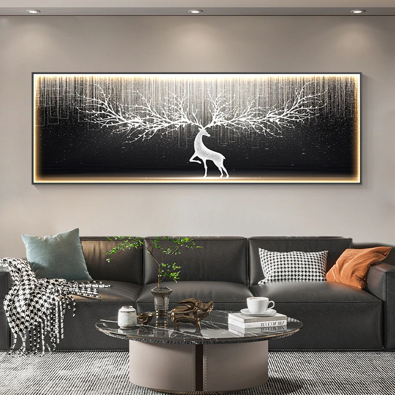 现代轻奢客厅装饰画一整幅横版led灯画发光沙发背景墙挂画鹿壁画