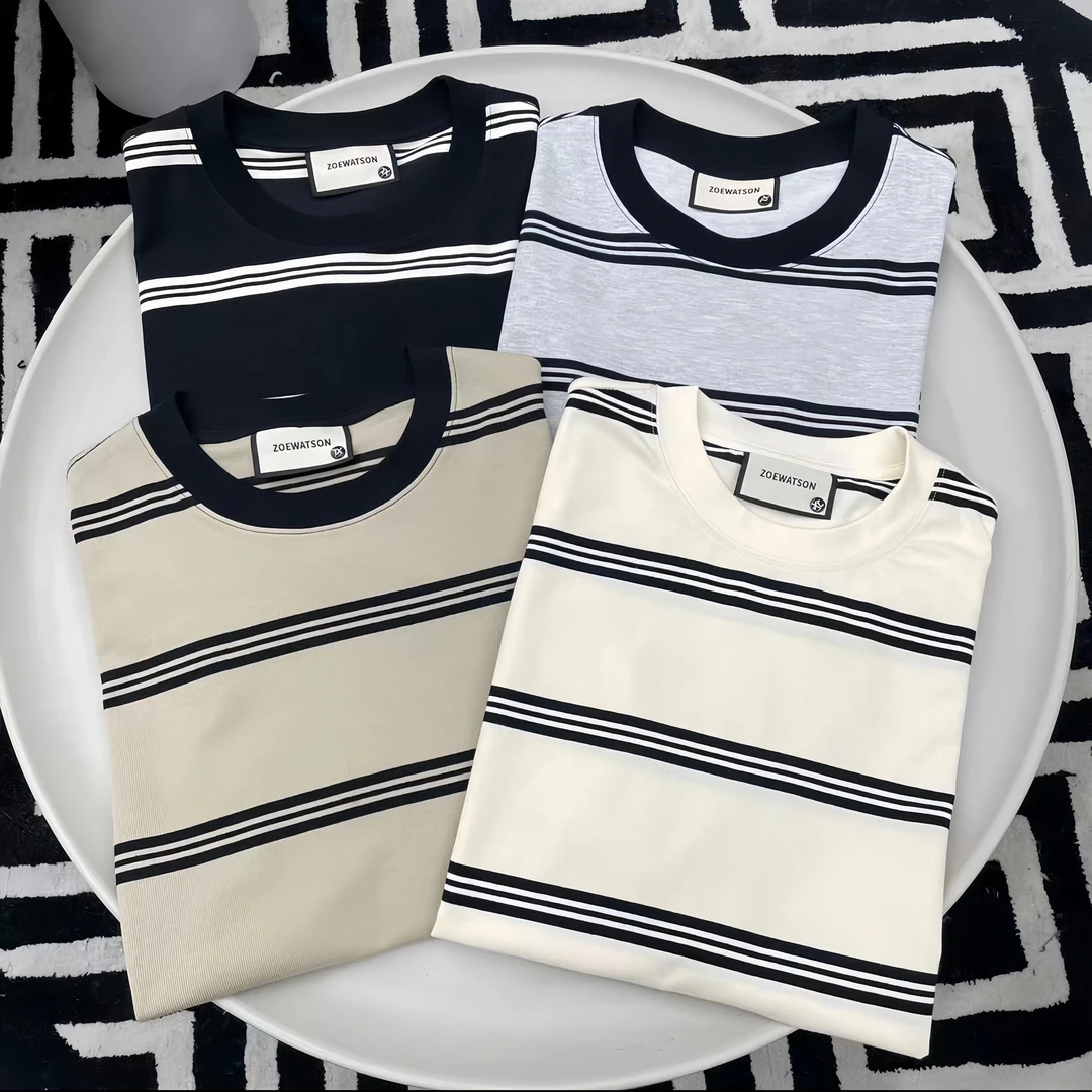 夏季轻薄款复古条纹撞色休闲百搭T恤简约宽松套头上衣男女短袖