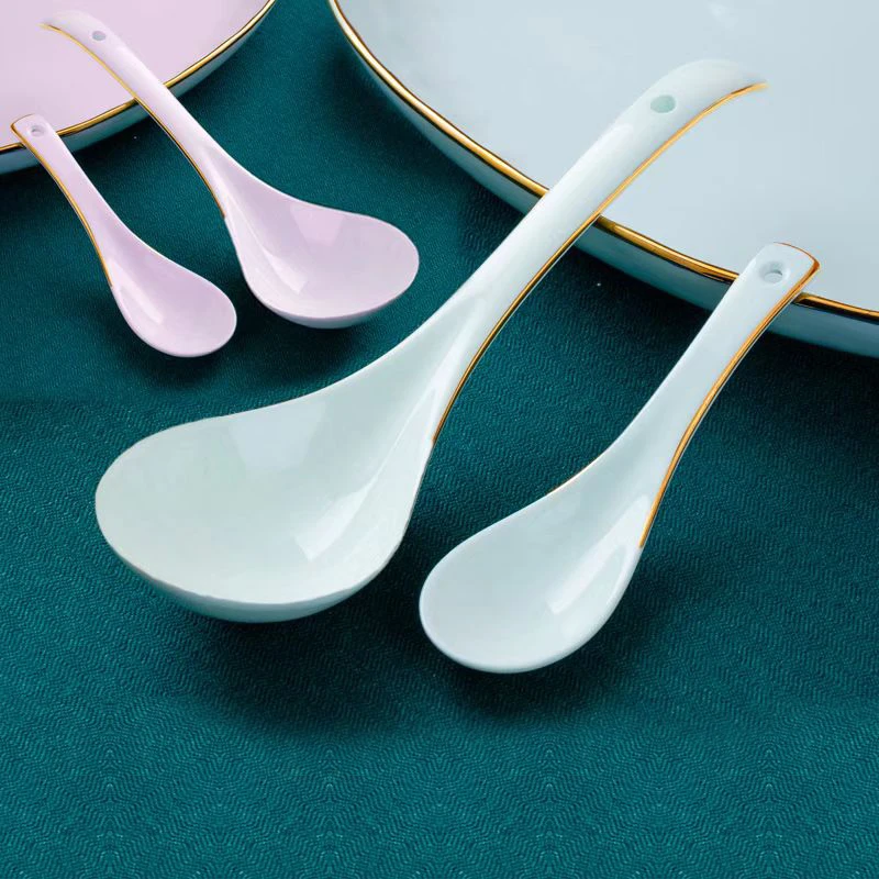 影青/粉色/白色小汤勺+大汤勺景德镇家用陶瓷餐具高档餐厅盛汤用