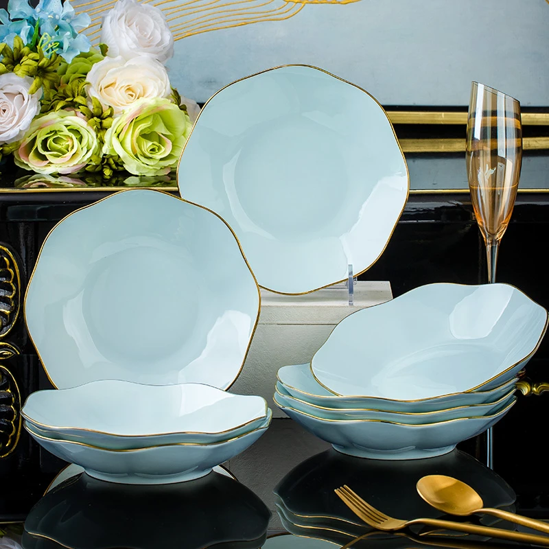 影青/白色8英寸莲花盘6个装景德镇家用陶瓷盘子餐具欧式餐盘菜盘