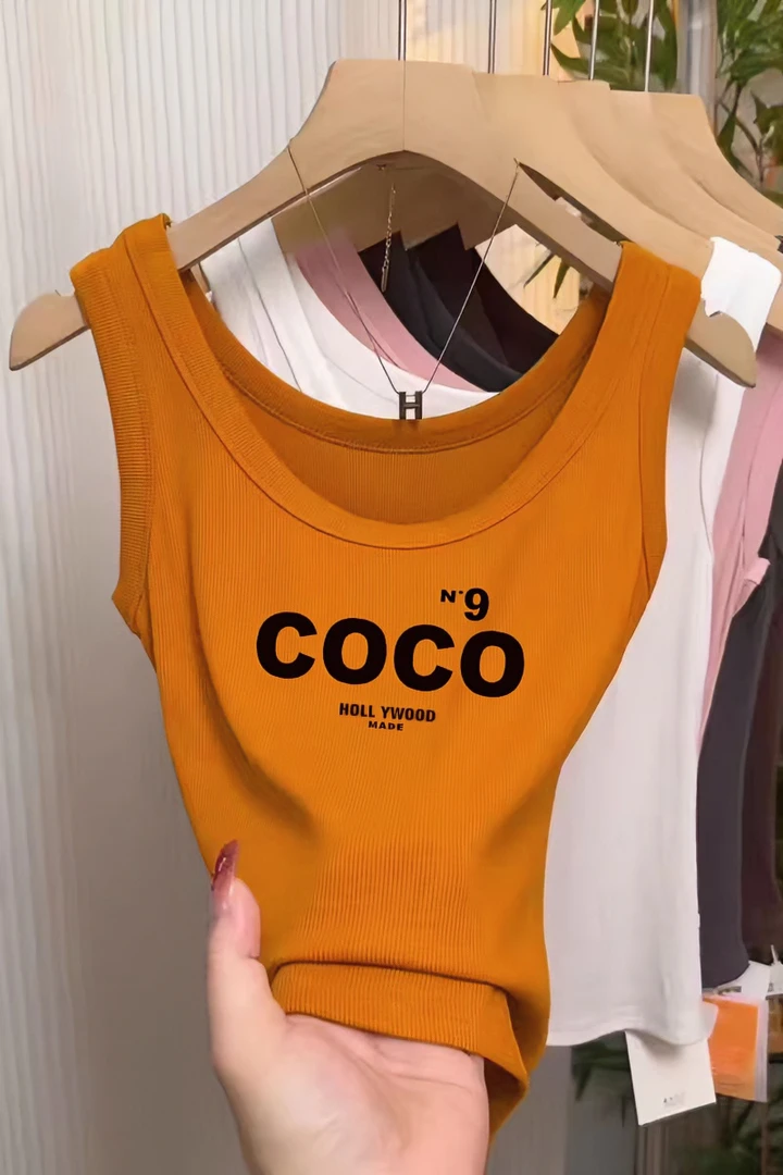 美式宽肩带遮副乳吊带背心女t恤内搭2024夏橘色无袖运动上衣外穿