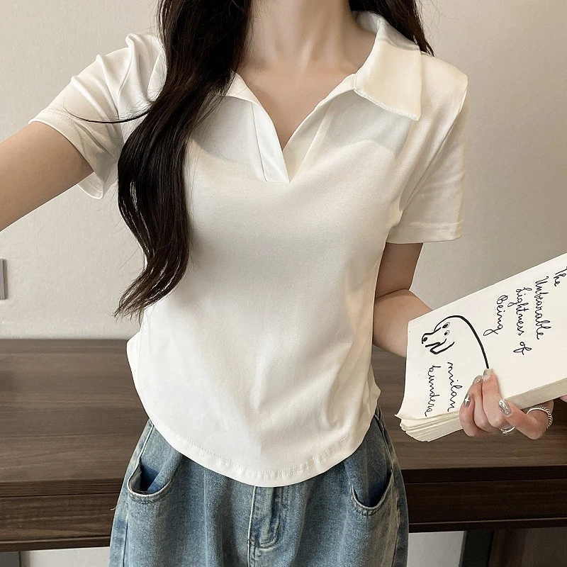 polo领白色短袖t恤修身夏季法式小众独特别致短款小上衣正肩t恤睡