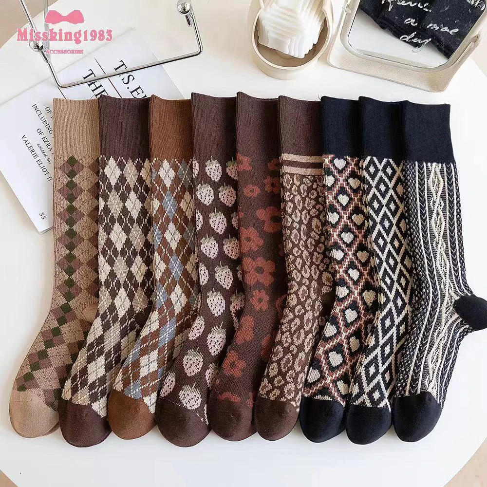 袜子女中筒袜秋冬季复古菱格棉袜ins潮袜设计感加厚加绒堆堆长袜