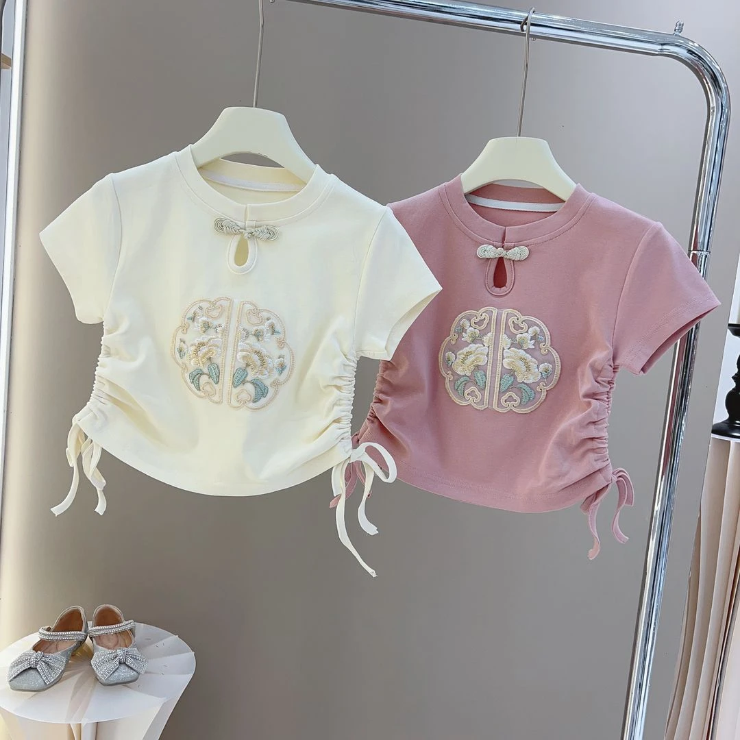 24新款女童夏装复古中国风洋气短袖潮流上衣古风刺绣时尚半袖T恤