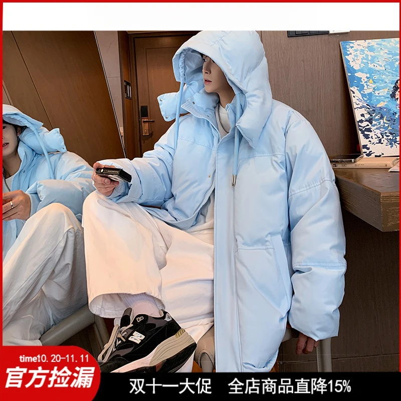 冬季刺绣男羽绒服韩版宽松立领纯色面包服加厚港风潮外套