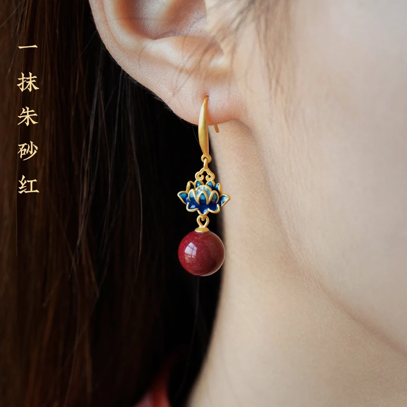 天然辰砂福一方青莲耳钉耳坠气质吊坠古法银镀金珐琅彩耳坠