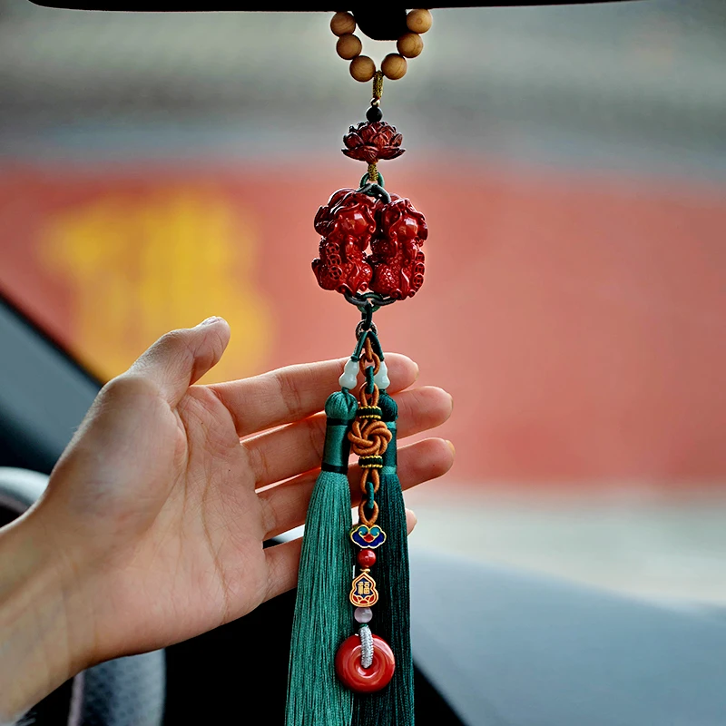 天然辰砂福一方双运汽车帝王砂霸气流苏汽车朱砂汽车挂件