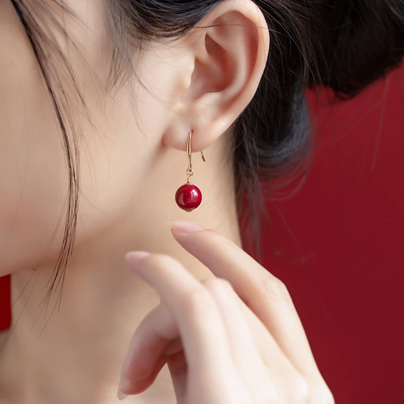 【圆满】耳钉本命年14红色耳饰耳坠耳线复古女真正朱砂耳钉