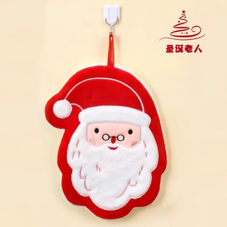 圣诞老人擦手挂巾厨房卫生间毛绒三层加厚可挂式洗手速干擦手抹布