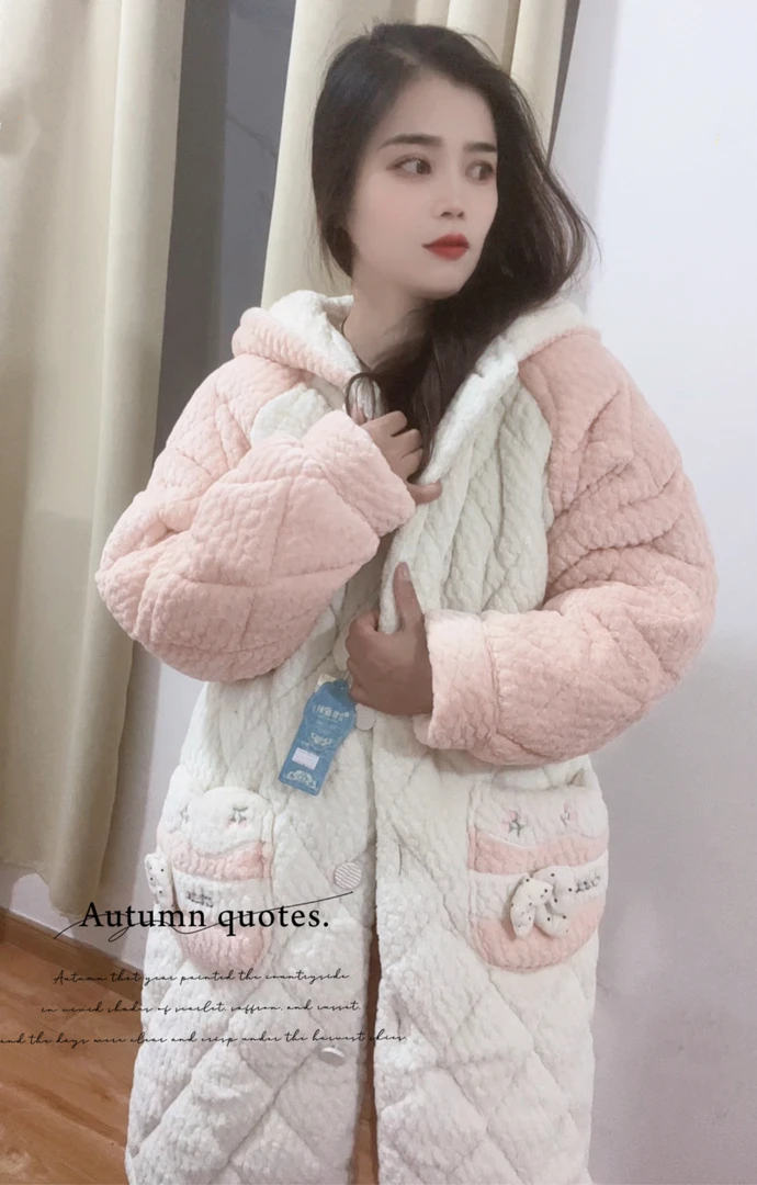 睡袍新品三层夹棉加厚保暖睡衣女冬季新款家居服套装