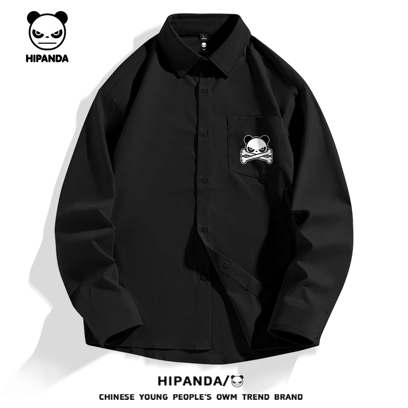 HiPanda美式帅气翻领衬衣男士春秋季潮牌黑色开衫外套男款衬衫男