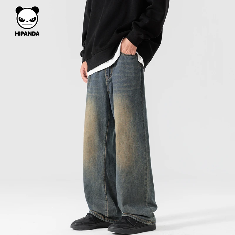 HiPanda美式高街做旧牛仔裤男款春秋季潮牌复古宽松加绒拖地裤男