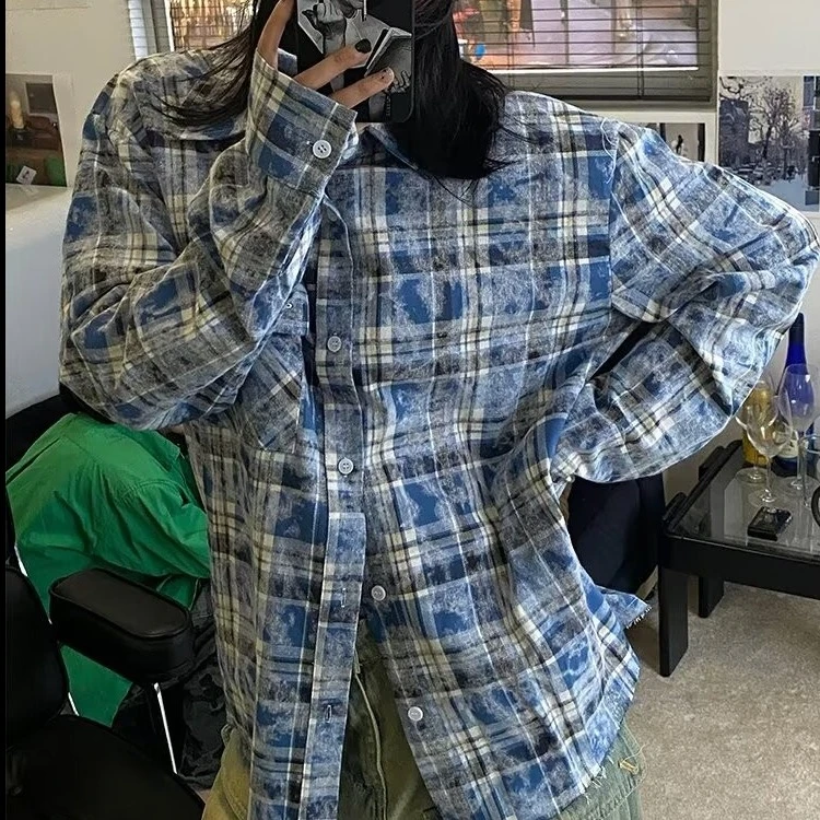 美式复古扎染刺绣格子百搭长袖衬衫情侣宽松休闲小众开衫外套衬衣
