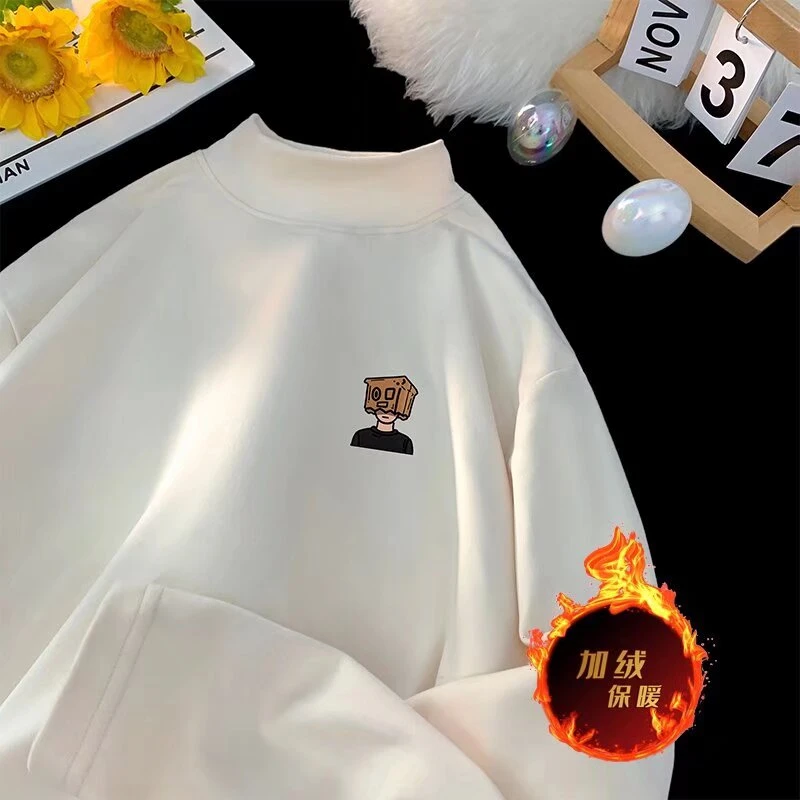 加绒卫衣男秋冬半高领德绒打底衫男内搭保暖衣青少年套头宽松上衣