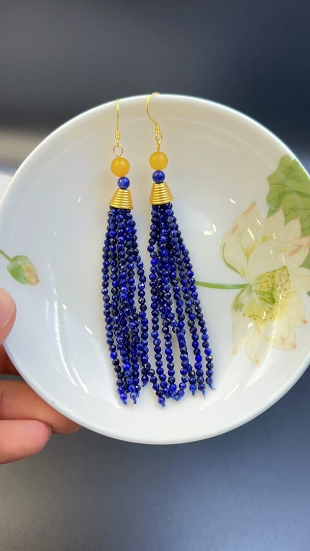 【苏娜珠宝】天然青金石钻切面流苏耳环