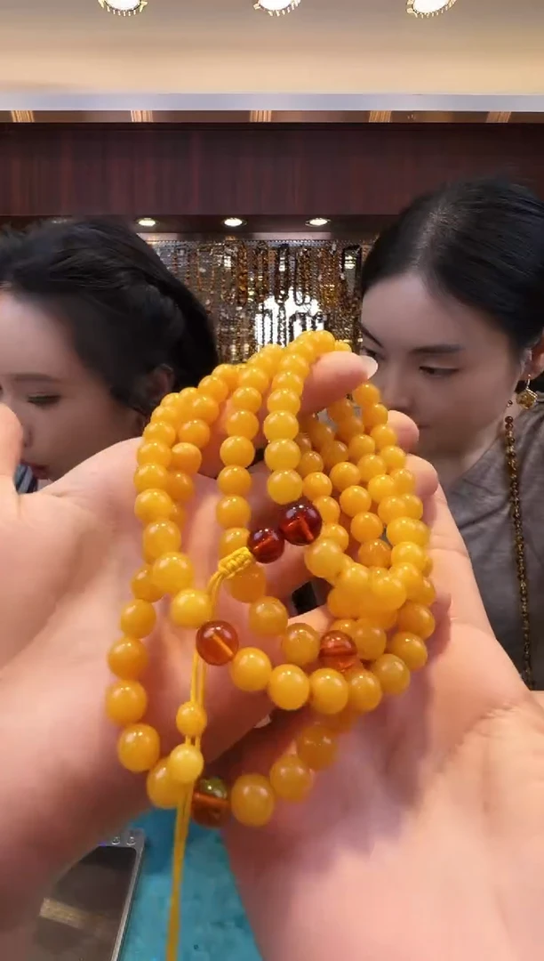 【闪购商品】琥珀颈饰未镶嵌精品鸡油黄圆珠108佛珠项链7mm+