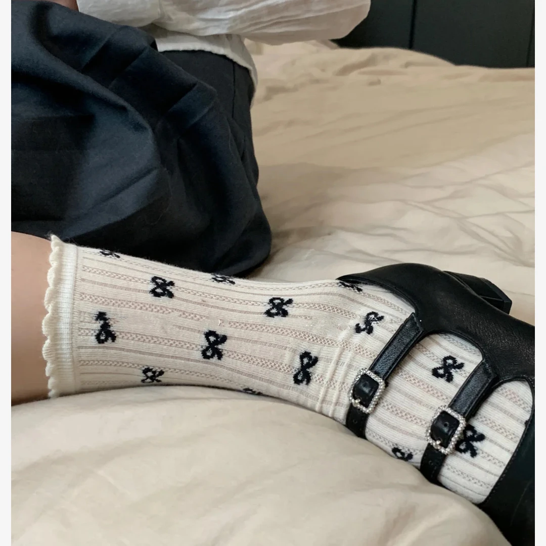 【双欧气许愿对对碰】少女可爱花边蝴蝶结堆堆袜绒面袜子女款长筒袜