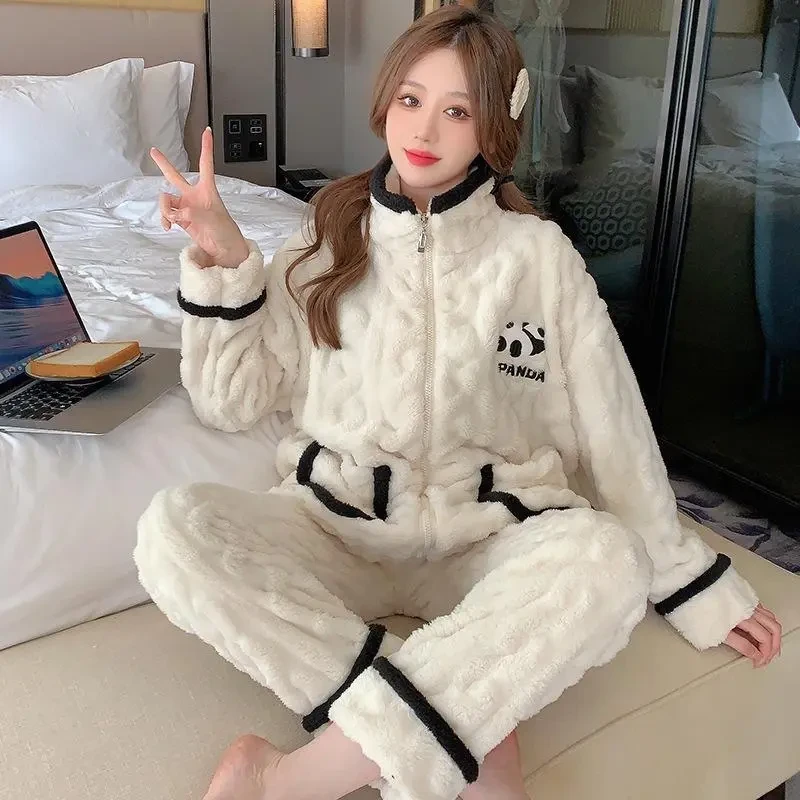 熊猫拉链法兰绒居家服可外穿学生长袖秋冬加厚保暖睡衣长现货