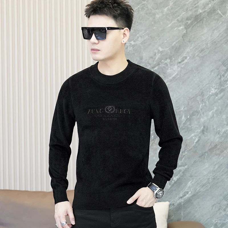 欧货2024冬季新款天鹅绒毛衣男圆领套头时尚烫钻时尚潮流针织衫男